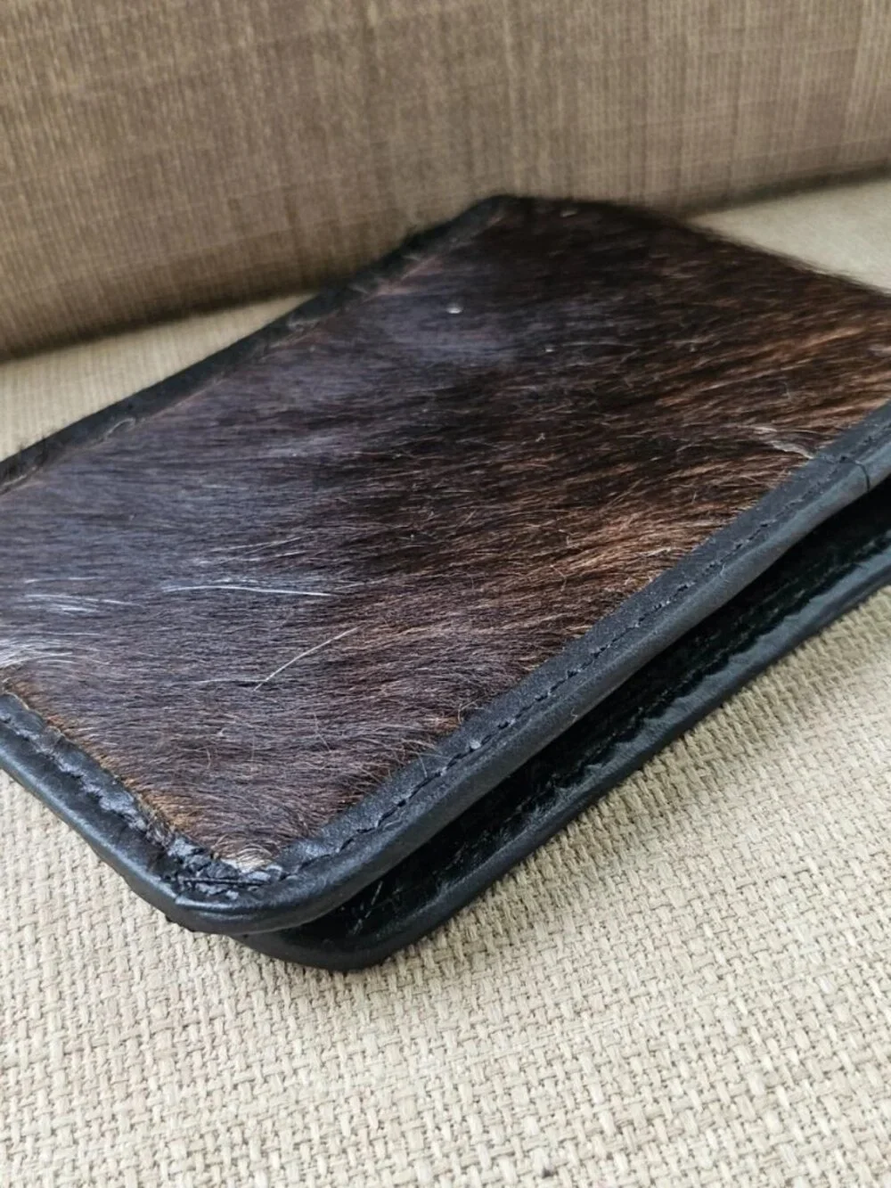 Fur Billfold Wallet Black Genuine Leather Real Fur Hair Cardholder Handmade